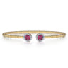 14K Yellow Gold Bujukan Bead Cuff Bracelet with Ruby and Diamond Halo Caps - 0.16 ct