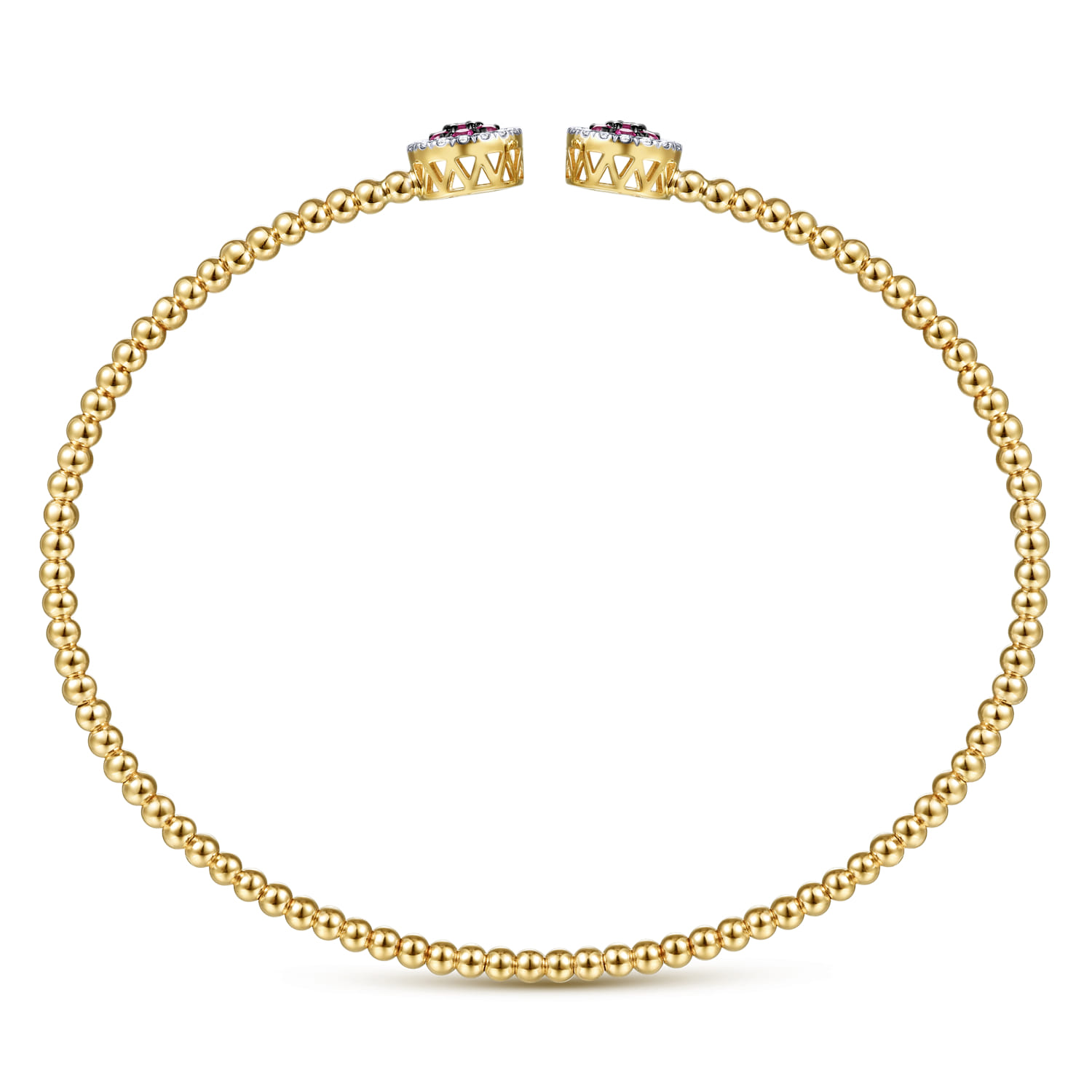 14K Yellow Gold Bujukan Bead Cuff Bracelet with Ruby and Diamond Halo Caps - 0.16 ct - Shot 3