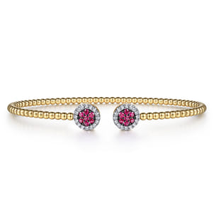 14K Yellow Gold Bujukan Bead Cuff Bracelet with Ruby and Diamond Halo Caps