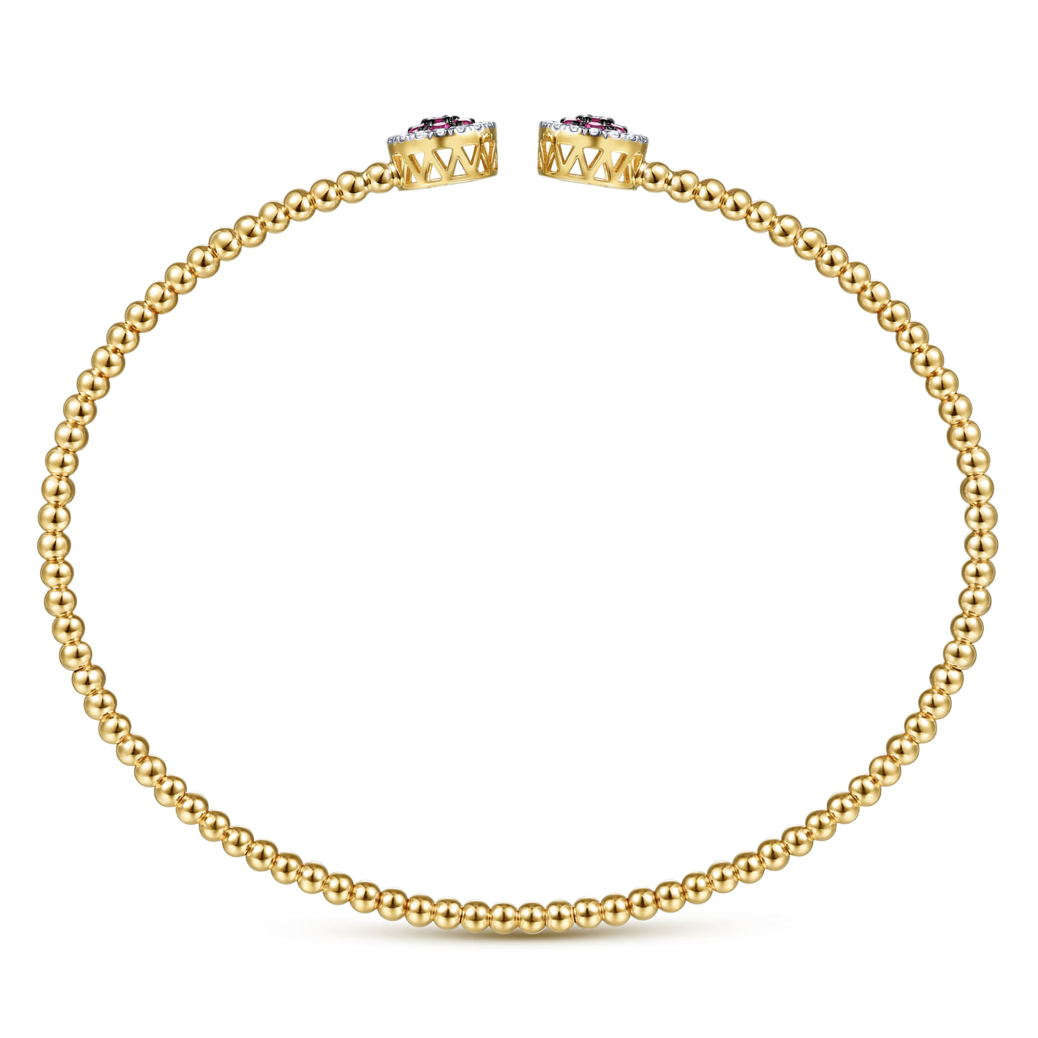 14K Yellow Gold Bujukan Bead Cuff Bracelet with Ruby and Diamond Halo Caps
