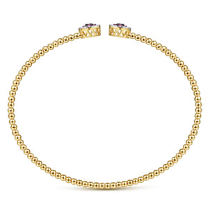 14K Yellow Gold Bujukan Bead Cuff Bracelet with Ruby and Diamond Halo Caps