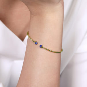 14K Yellow Gold Bujukan Bead Cuff Bracelet with Sapphire Pav¿ª Caps