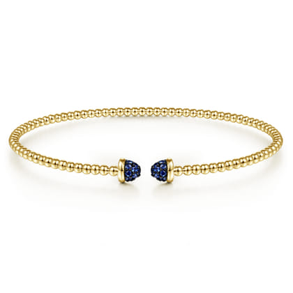 14K Yellow Gold Bujukan Bead Cuff Bracelet with Sapphire Pave Caps