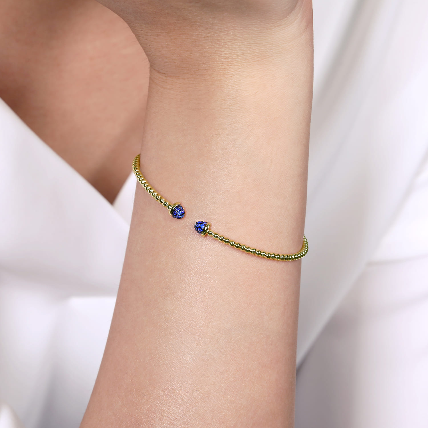 14K Yellow Gold Bujukan Bead Cuff Bracelet with Sapphire Pave Caps - Shot 4