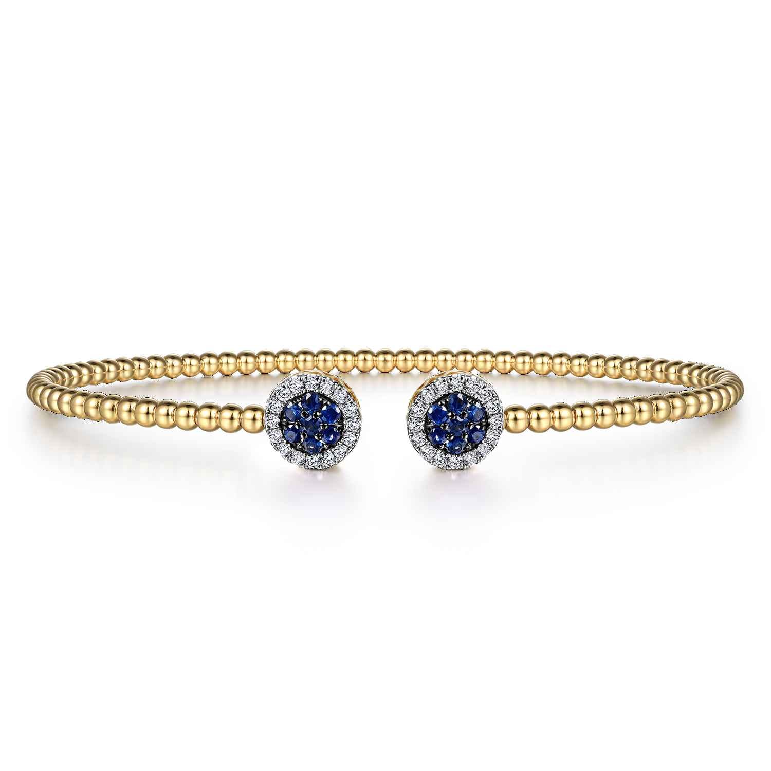 14K Yellow Gold Bujukan Bead Cuff Bracelet with Sapphire and Diamond Halo Caps - 0.15 ct - Shot 1