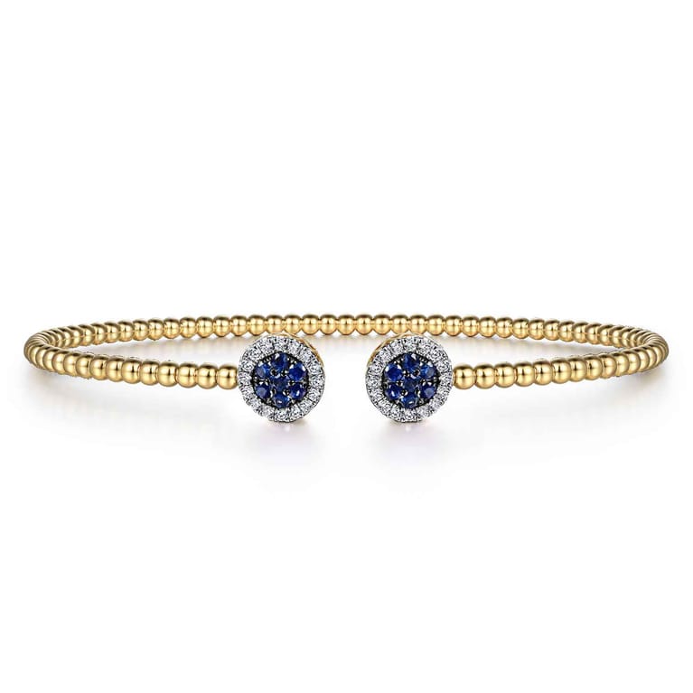 14K Yellow Gold Bujukan Bead Cuff Bracelet with Sapphire and Diamond Halo Caps - 0.15 ct - Shot 1