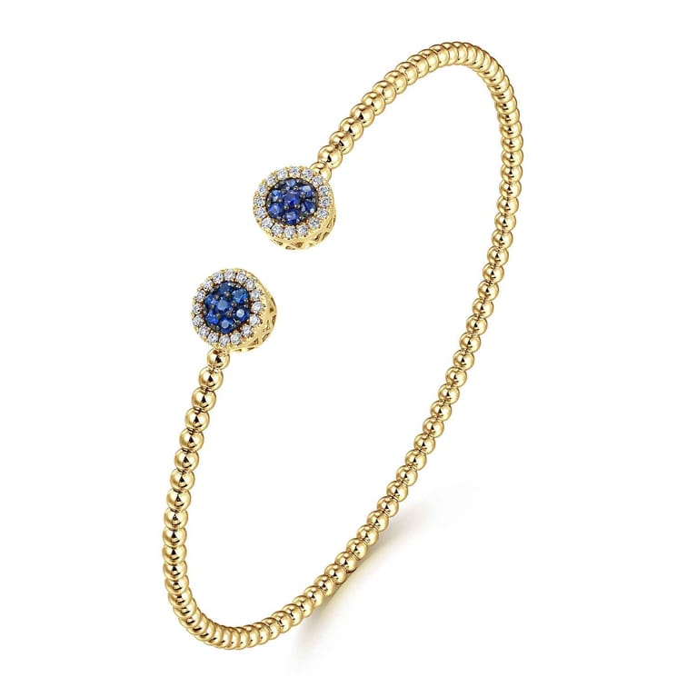 14K Yellow Gold Bujukan Bead Cuff Bracelet with Sapphire and Diamond Halo Caps - 0.15 ct - Shot 2