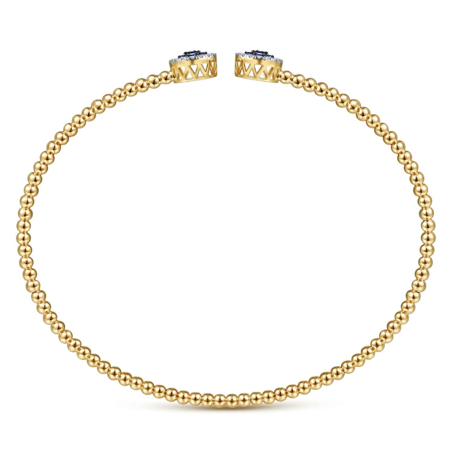 14K Yellow Gold Bujukan Bead Cuff Bracelet with Sapphire and Diamond Halo Caps - 0.15 ct - Shot 3
