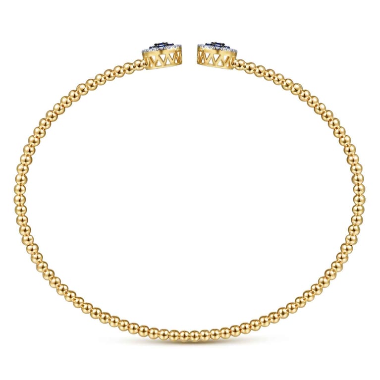 14K Yellow Gold Bujukan Bead Cuff Bracelet with Sapphire and Diamond Halo Caps - 0.15 ct - Shot 3