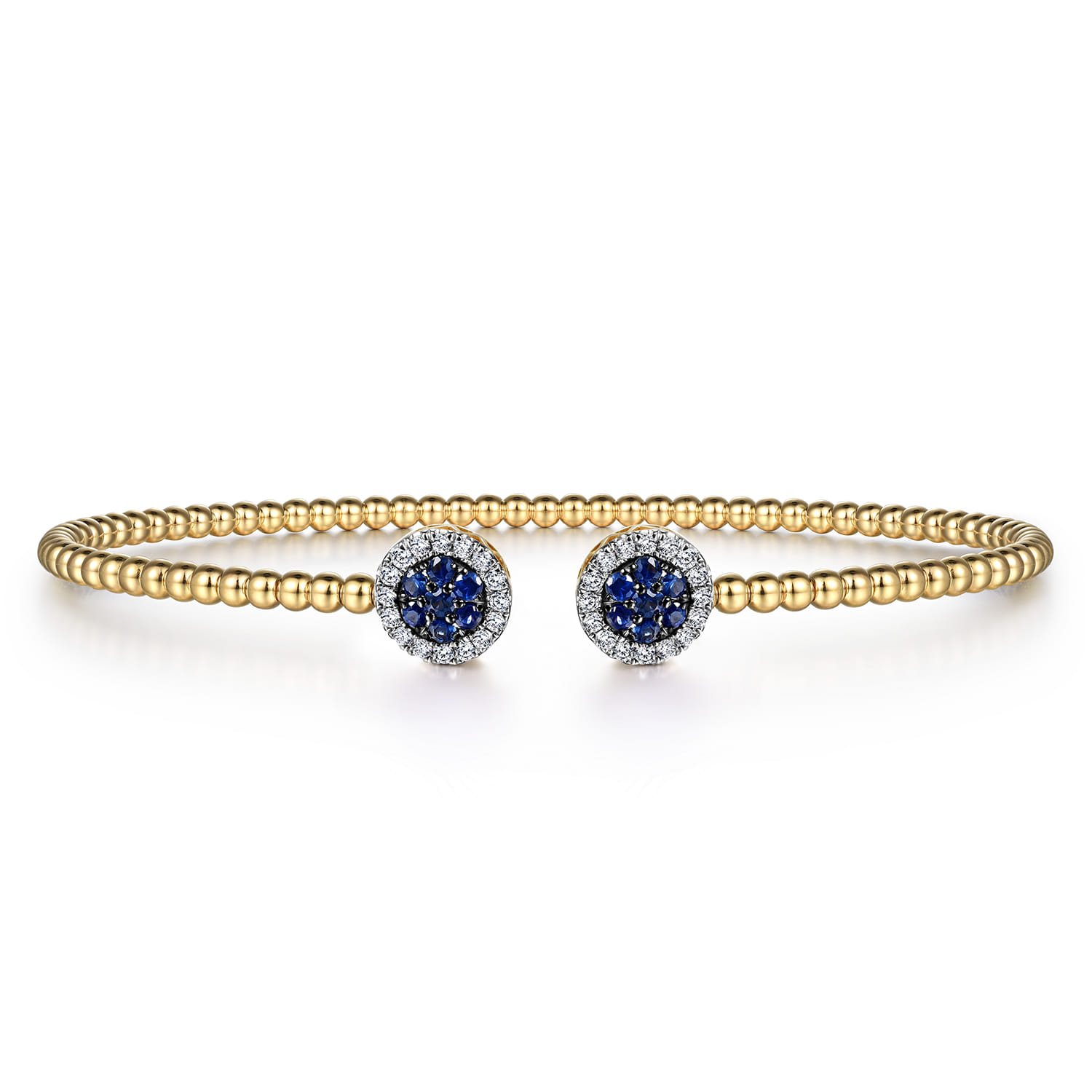 14K Yellow Gold Bujukan Bead Cuff Bracelet with Sapphire and Diamond Halo Caps - 0.16 ct - Shot 1