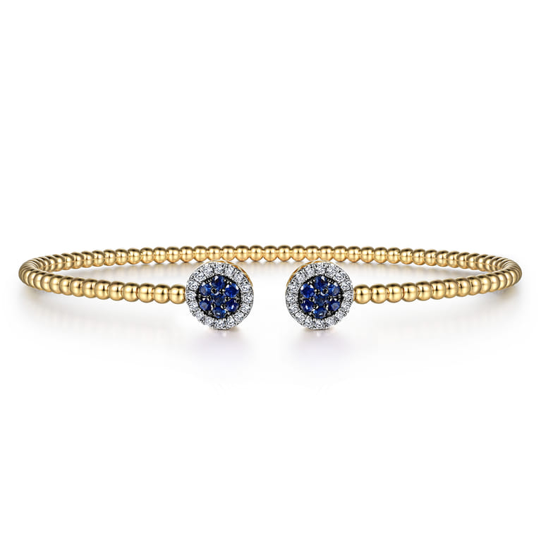 14K Yellow Gold Bujukan Bead Cuff Bracelet with Sapphire and Diamond Halo Caps - 0.16 ct - Shot 1