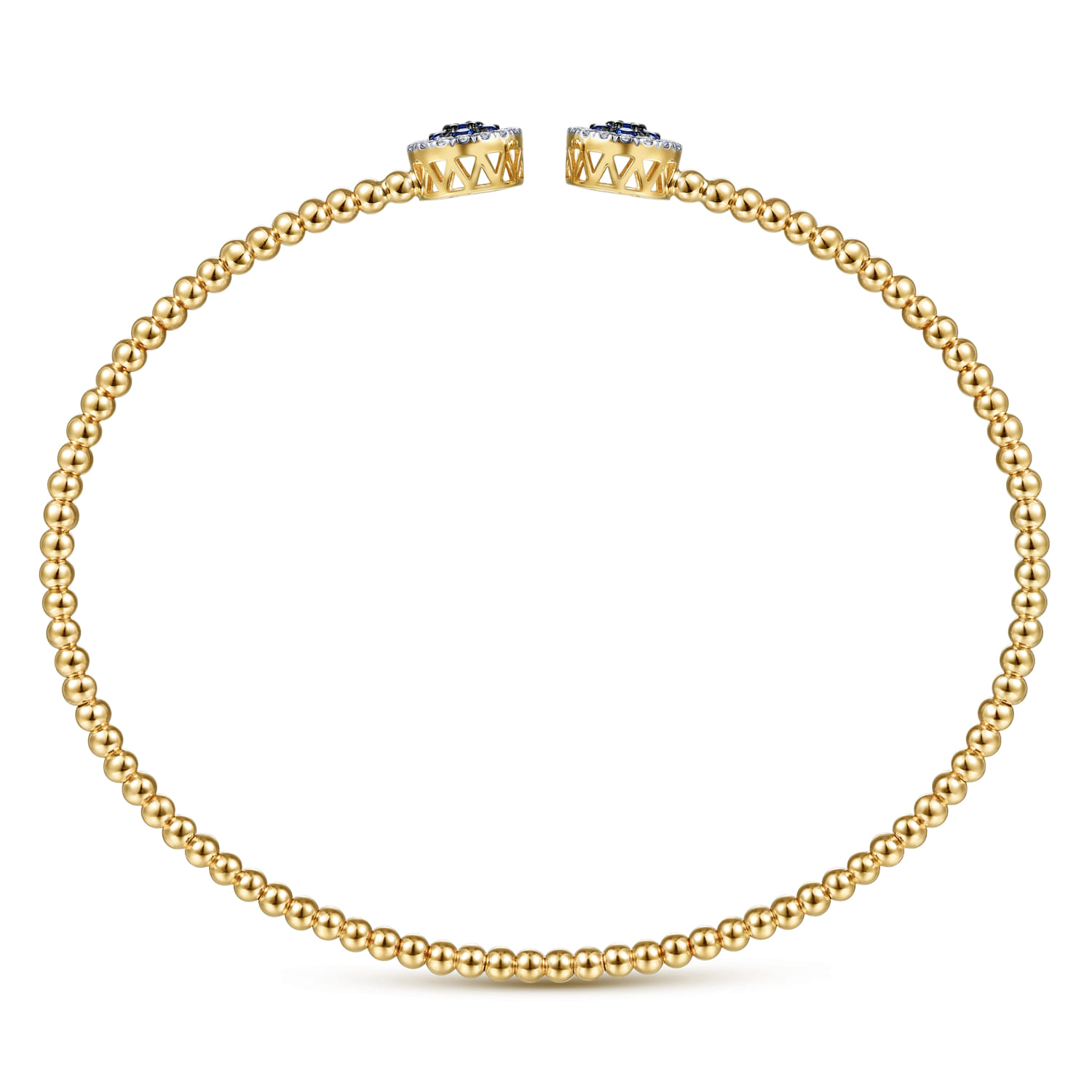 14K Yellow Gold Bujukan Bead Cuff Bracelet with Sapphire and Diamond Halo Caps - 0.16 ct - Shot 3