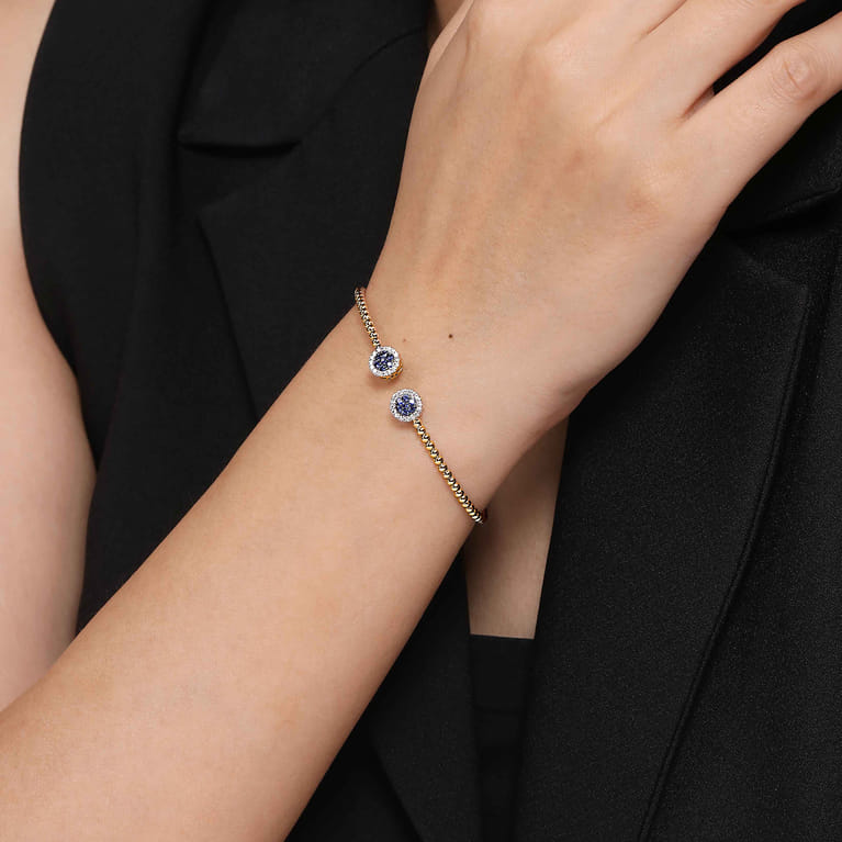 14K Yellow Gold Bujukan Bead Cuff Bracelet with Sapphire and Diamond Halo Caps - 0.16 ct - Shot 4