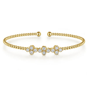 14K Yellow Gold Bujukan Bead Cuff Bracelet with Three Clover Diamond Stations