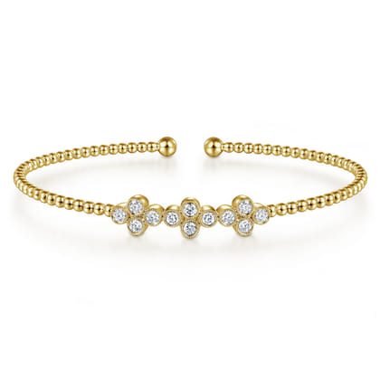 14K Yellow Gold Bujukan Bead Cuff Bracelet with Three Clover Diamond Stations