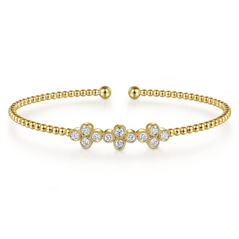 14K Yellow Gold Bujukan Bead Cuff Bracelet with Three Clover Diamond Stations - 0.58 ct - Shot 1
