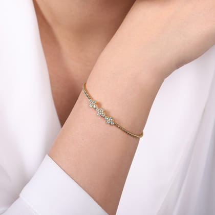 14K Yellow Gold Bujukan Bead Cuff Bracelet with Three Clover Diamond Stations