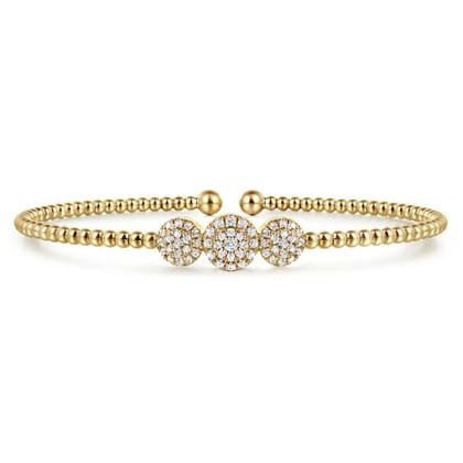 14K Yellow Gold Bujukan Bead Cuff Bracelet with Three Pav¿ª Diamond Stations