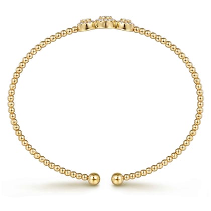 14K Yellow Gold Bujukan Bead Cuff Bracelet with Three Pav¿ª Diamond Stations