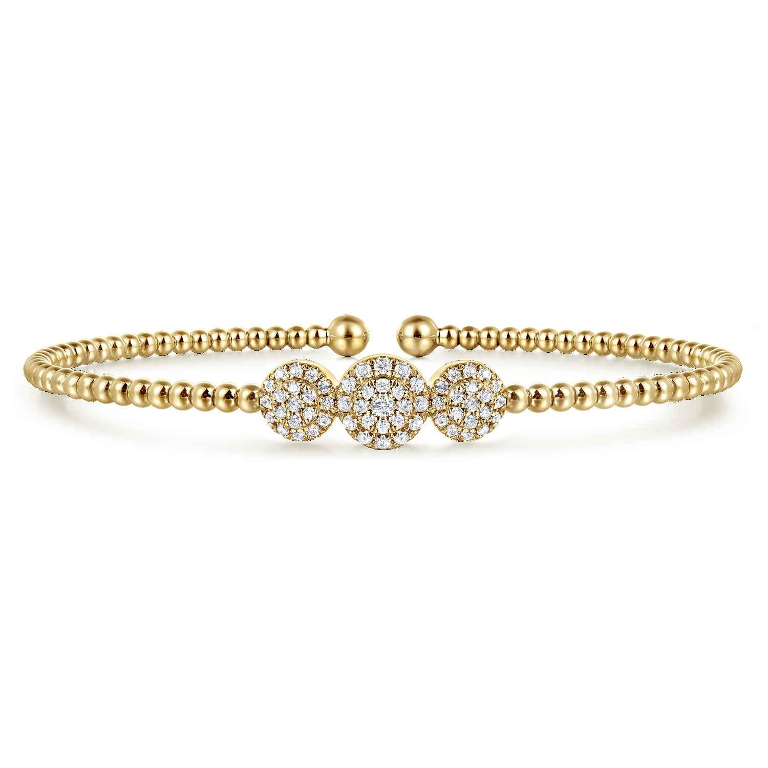 14K Yellow Gold Bujukan Bead Cuff Bracelet with Three Pave Diamond Stations - 0.32 ct - Shot 1