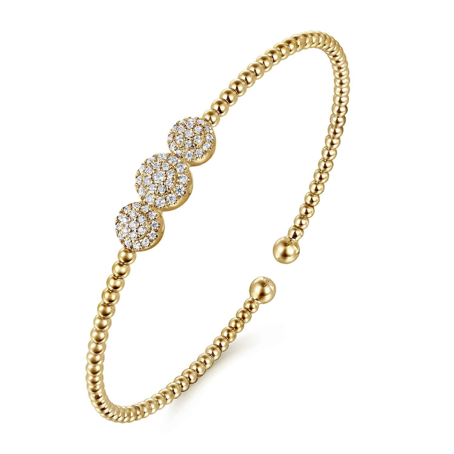 14K Yellow Gold Bujukan Bead Cuff Bracelet with Three Pave Diamond Stations - 0.32 ct - Shot 2