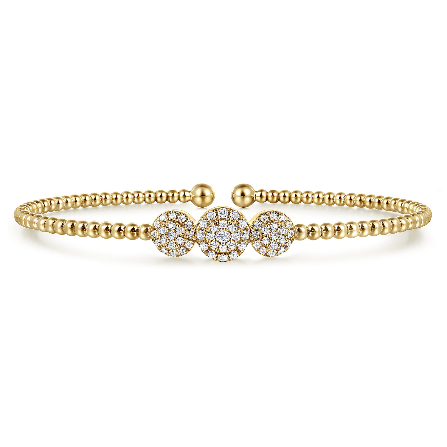 14K Yellow Gold Bujukan Bead Cuff Bracelet with Three Pave Diamond Stations - 0.32 ct - Shot 1