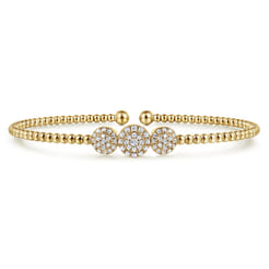 14K Yellow Gold Bujukan Bead Cuff Bracelet with Three Pave Diamond Stations