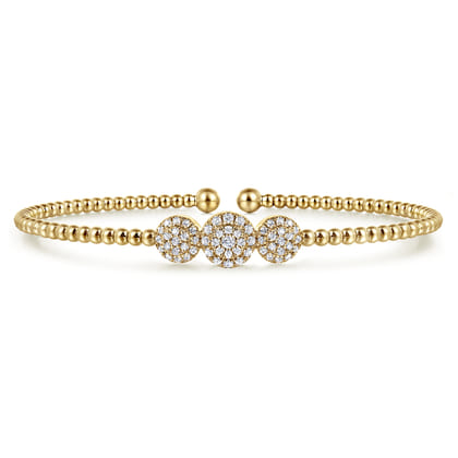 14K Yellow Gold Bujukan Bead Cuff Bracelet with Three Pave Diamond Stations
