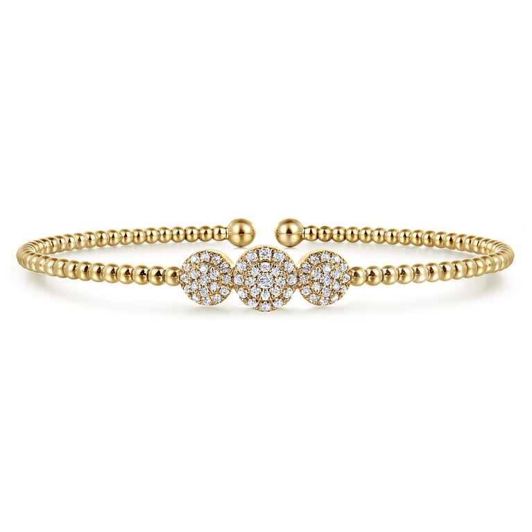 14K Yellow Gold Bujukan Bead Cuff Bracelet with Three Pave Diamond Stations - 0.32 ct - Shot 1