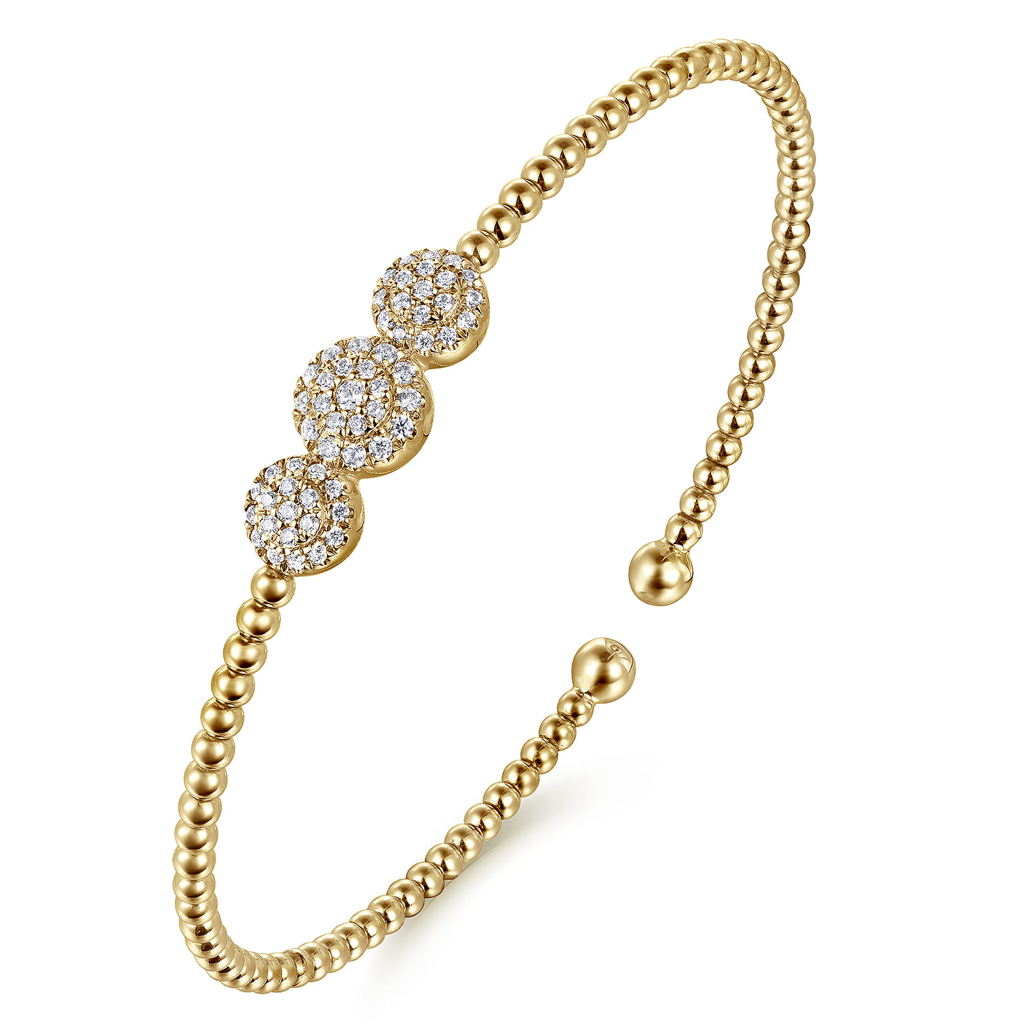 14K Yellow Gold Bujukan Bead Cuff Bracelet with Three Pave Diamond Stations - 0.32 ct - Shot 2