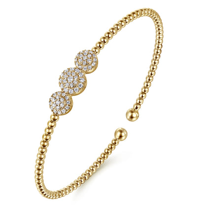 14K Yellow Gold Bujukan Bead Cuff Bracelet with Three Pave Diamond Stations