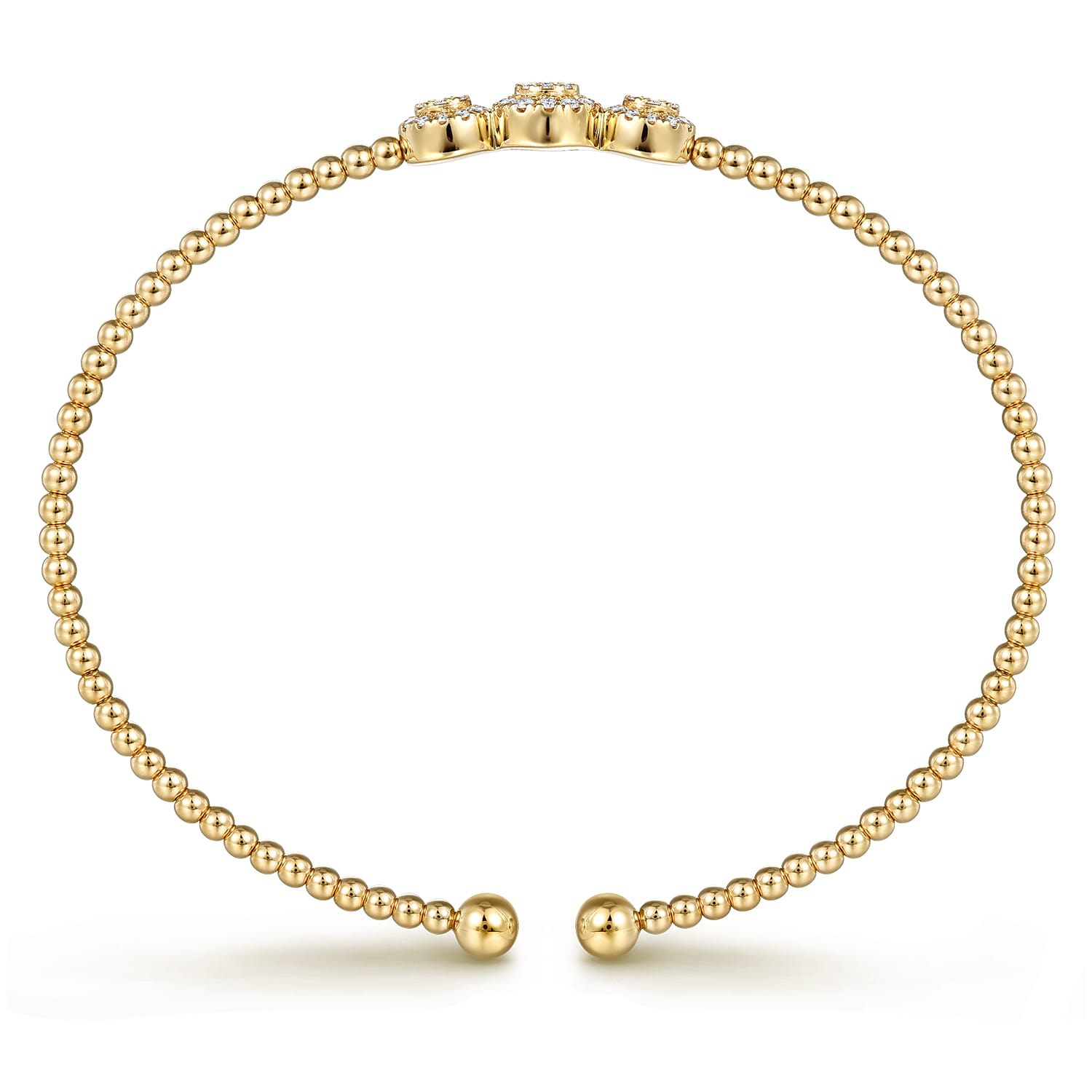 14K Yellow Gold Bujukan Bead Cuff Bracelet with Three Pave Diamond Stations - 0.32 ct - Shot 3