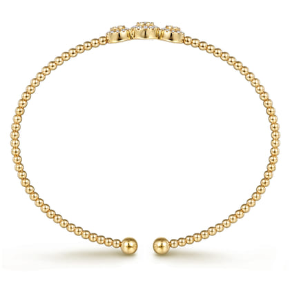 14K Yellow Gold Bujukan Bead Cuff Bracelet with Three Pave Diamond Stations