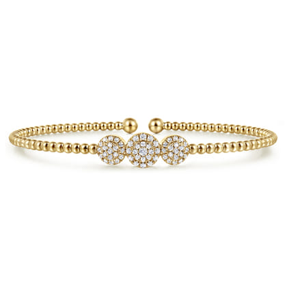 14K Yellow Gold Bujukan Bead Cuff Bracelet with Three Pave Diamond Stations