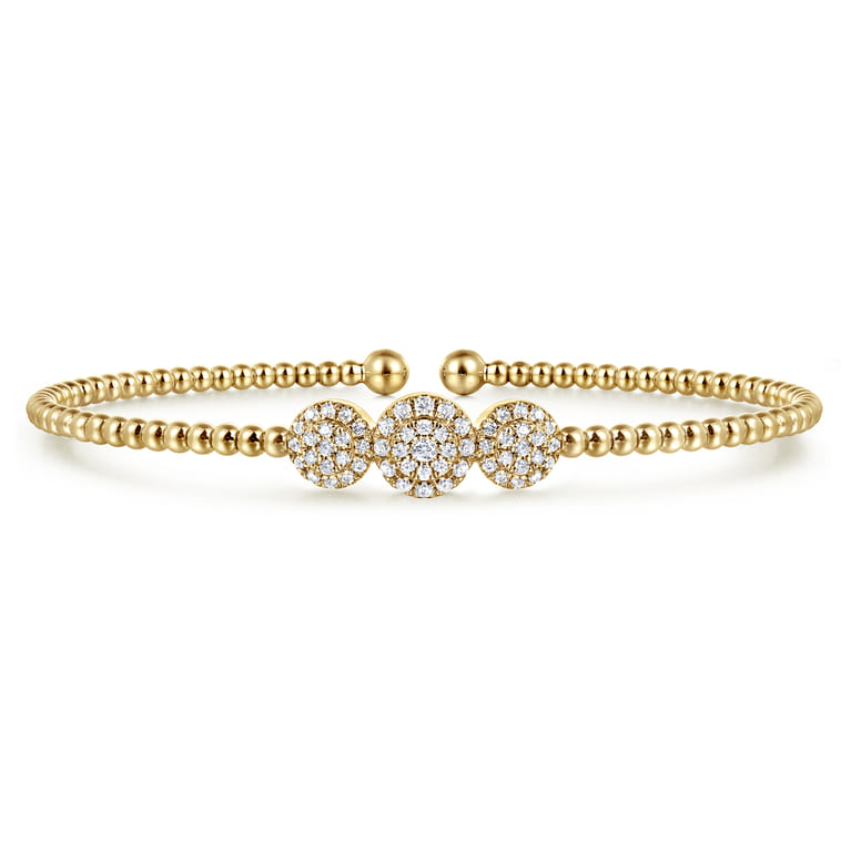 14K Yellow Gold Bujukan Bead Cuff Bracelet with Three Pave Diamond Stations - 0.32 ct - Shot 1