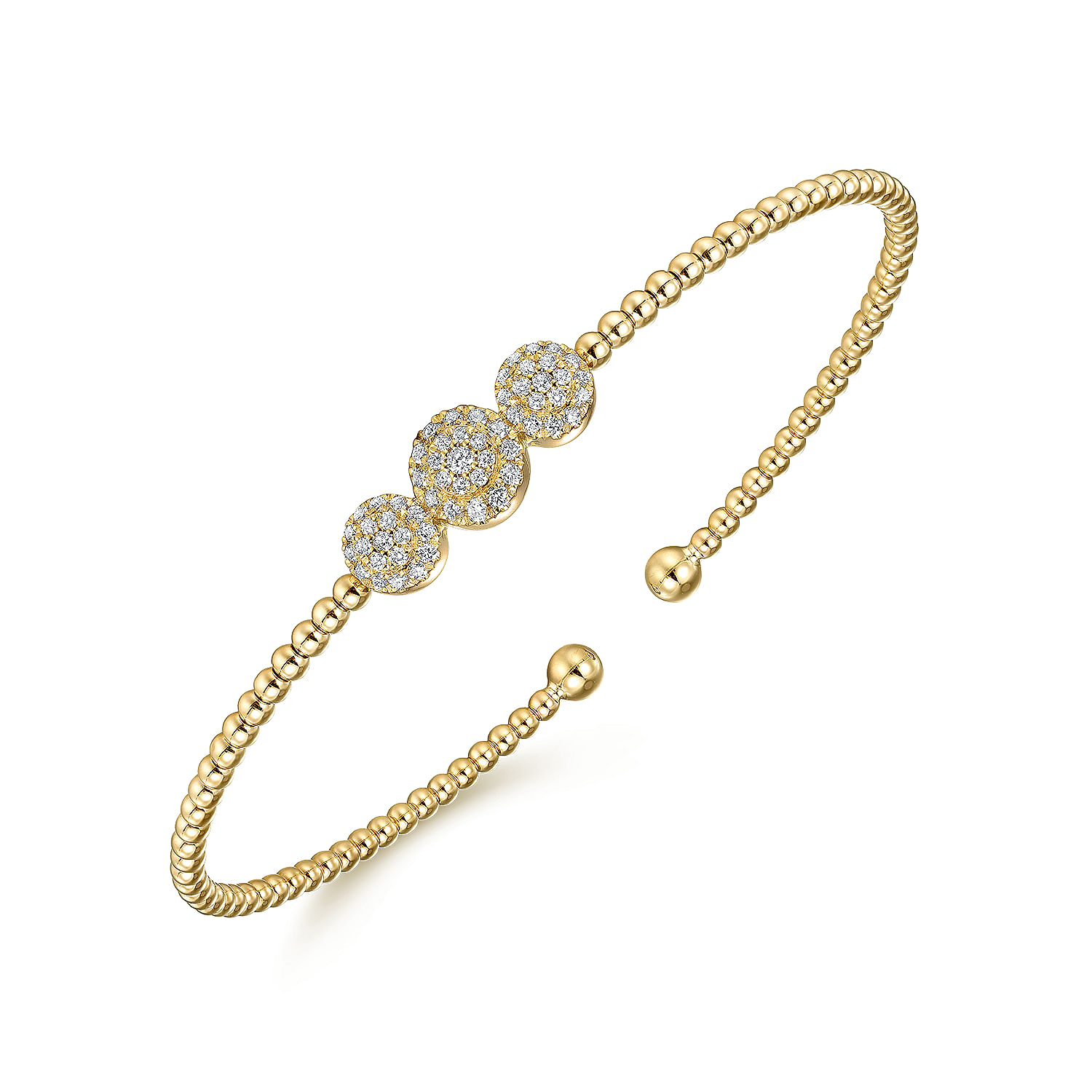 14K Yellow Gold Bujukan Bead Cuff Bracelet with Three Pave Diamond Stations - 0.32 ct - Shot 2