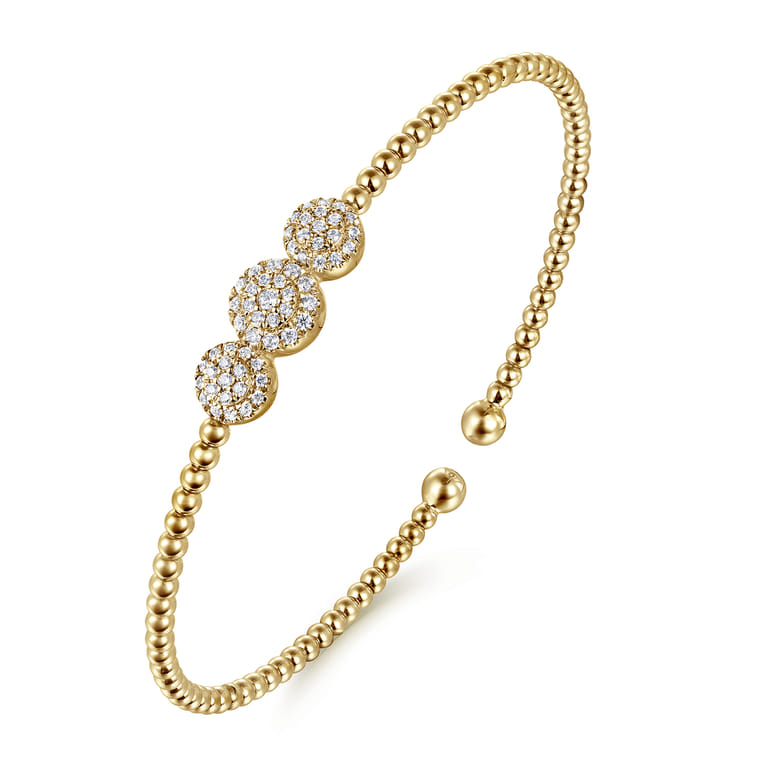 14K Yellow Gold Bujukan Bead Cuff Bracelet with Three Pave Diamond Stations - 0.32 ct - Shot 2