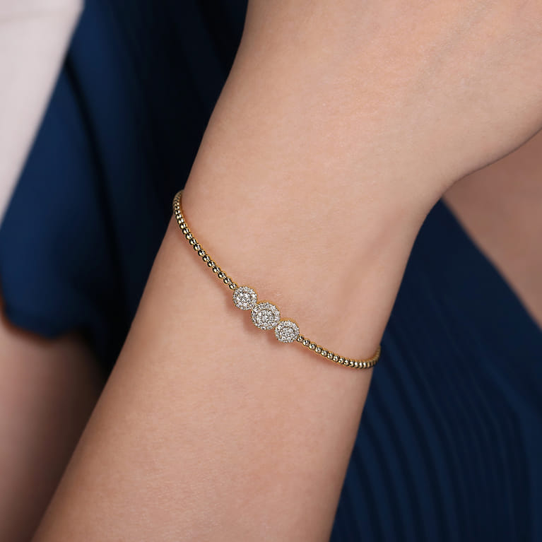 14K Yellow Gold Bujukan Bead Cuff Bracelet with Three Pave Diamond Stations - 0.32 ct - Shot 4