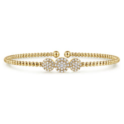 14K Yellow Gold Bujukan Bead Cuff Bracelet with Three Pave Diamond Stations