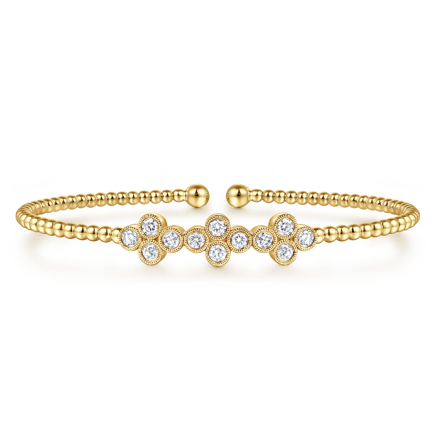 14K Yellow Gold Bujukan Bead Cuff Bracelet with Three Quatrefoil Diamond Stations - 0.58 ct - Shot 1