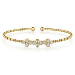14K Yellow Gold Bujukan Bead Cuff Bracelet with Three Quatrefoil Diamond Stations