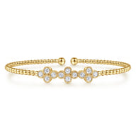 14K Yellow Gold Bujukan Bead Cuff Bracelet with Three Quatrefoil Diamond Stations