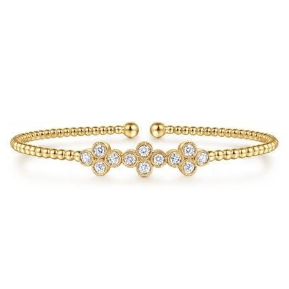 14K Yellow Gold Bujukan Bead Cuff Bracelet with Three Quatrefoil Diamond Stations