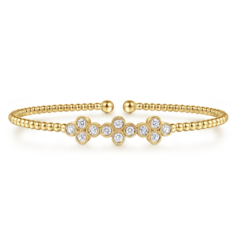 14K Yellow Gold Bujukan Bead Cuff Bracelet with Three Quatrefoil Diamond Stations - 0.58 ct - Shot 1