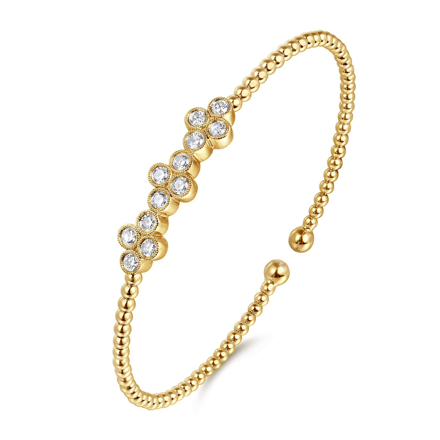 14K Yellow Gold Bujukan Bead Cuff Bracelet with Three Quatrefoil Diamond Stations - 0.58 ct - Shot 2
