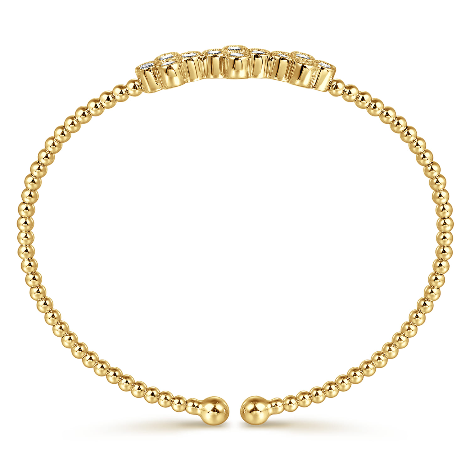 14K Yellow Gold Bujukan Bead Cuff Bracelet with Three Quatrefoil Diamond Stations - 0.58 ct - Shot 3