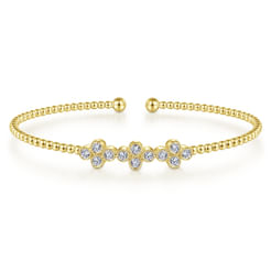 14K Yellow Gold Bujukan Bead Cuff Bracelet with Three Quatrefoil Diamond Stations