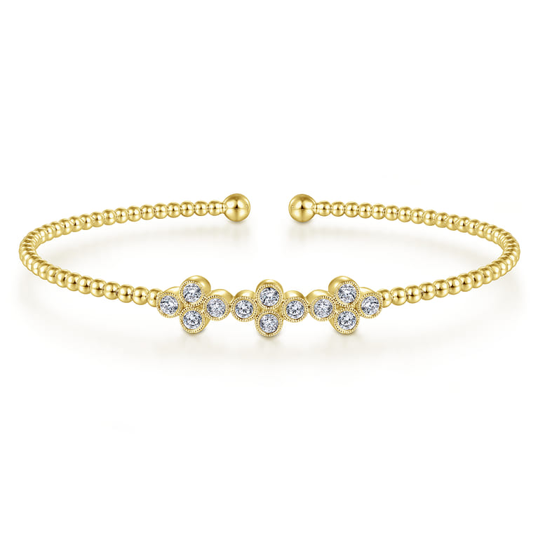 14K Yellow Gold Bujukan Bead Cuff Bracelet with Three Quatrefoil Diamond Stations - 0.6 ct - Shot 1