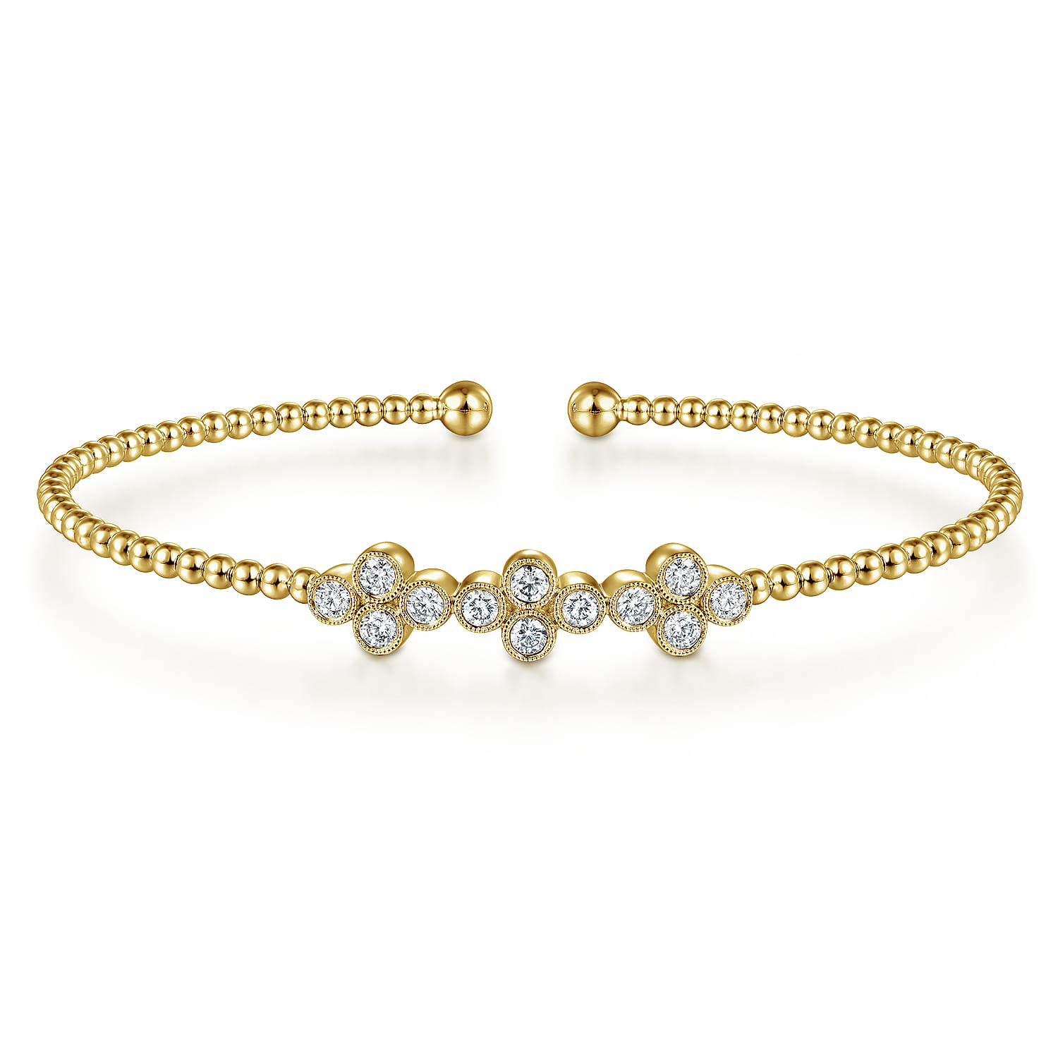 14K Yellow Gold Bujukan Bead Cuff Bracelet with Three Quatrefoil Diamond Stations - 0.6 ct - Shot 1