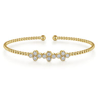 14K Yellow Gold Bujukan Bead Cuff Bracelet with Three Quatrefoil Diamond Stations